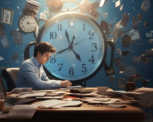 Profesional abrumado por tareas manuales mientras el tiempo avanza sin control
