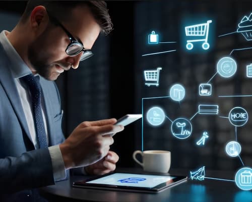 Profesional revisando el celular rodeado de íconos de oportunidades de venta sin gestionar